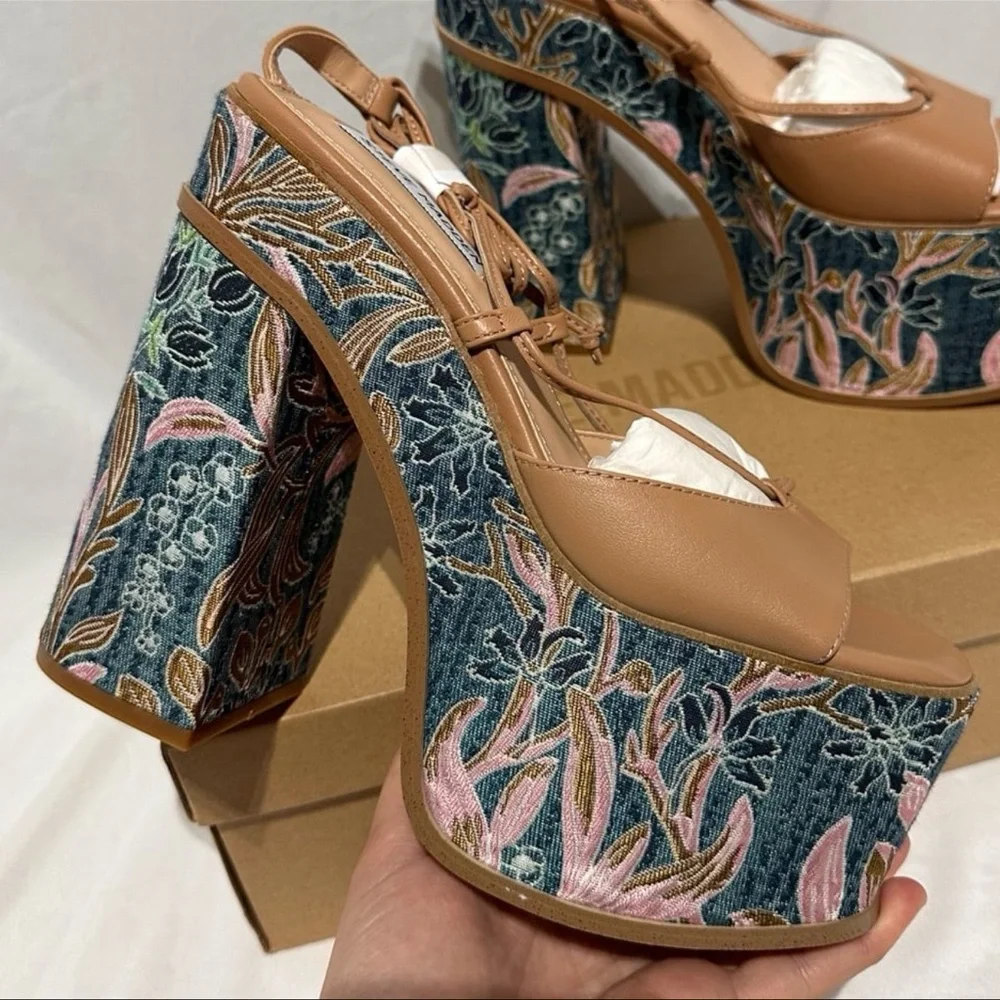 Steve Madden Anika Tan Leather Chunky Embroidered Platform Lace Up Heels Summer - Picture 10 of 12